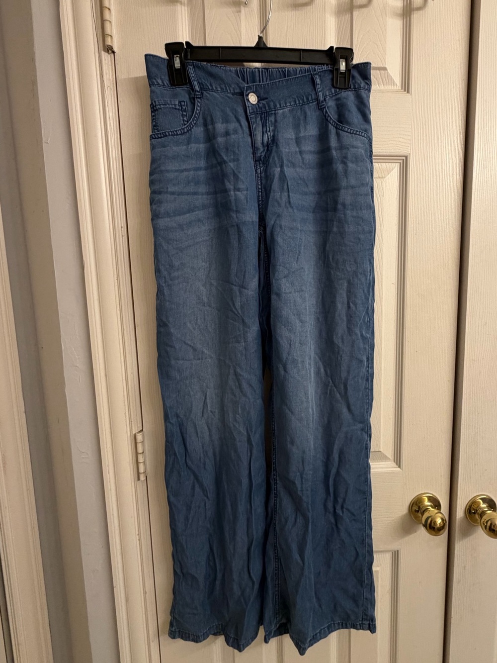 HALARA Light Blue denim asymmetrical linen pants